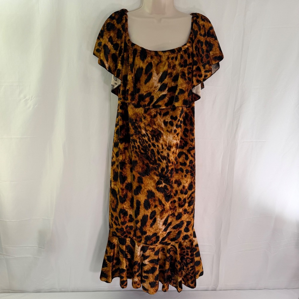 LuLaRoe XL Leopard Print Velvet Off Shoulder Ruffle Flounce Midi Dress Brown